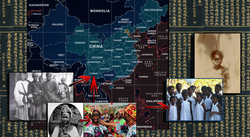 Map of Asia with photographic evidence of Black populations across China, the Philippines, Indonesia and Southeast Asia, flanked by classical Chinese text — The Black Sacred I, AMNI BLACK
