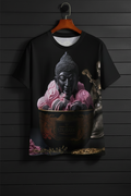 Black t-shirt with Buddha graphic design on a wooden background