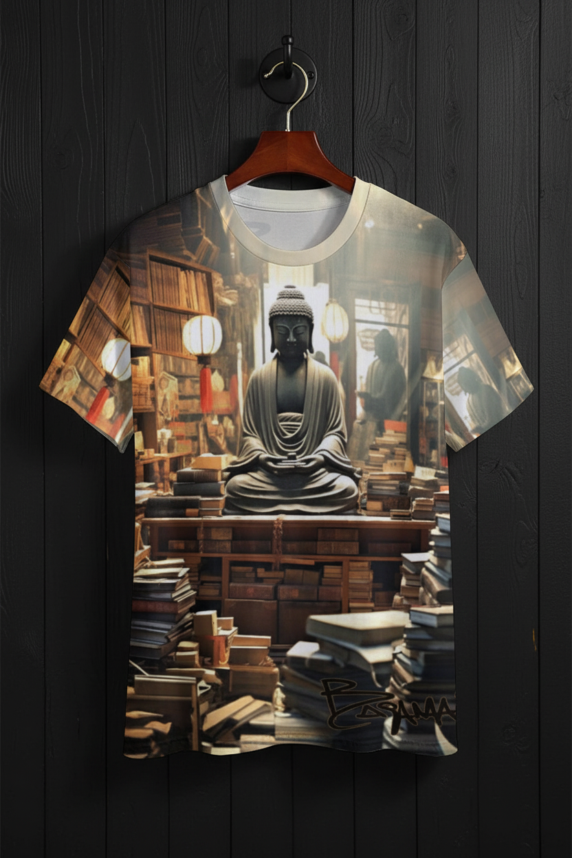 T-shirt with Buddha graphic design on a hanger against 