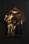 T-shirt with a graphic design of a Blackman with an afro in a church