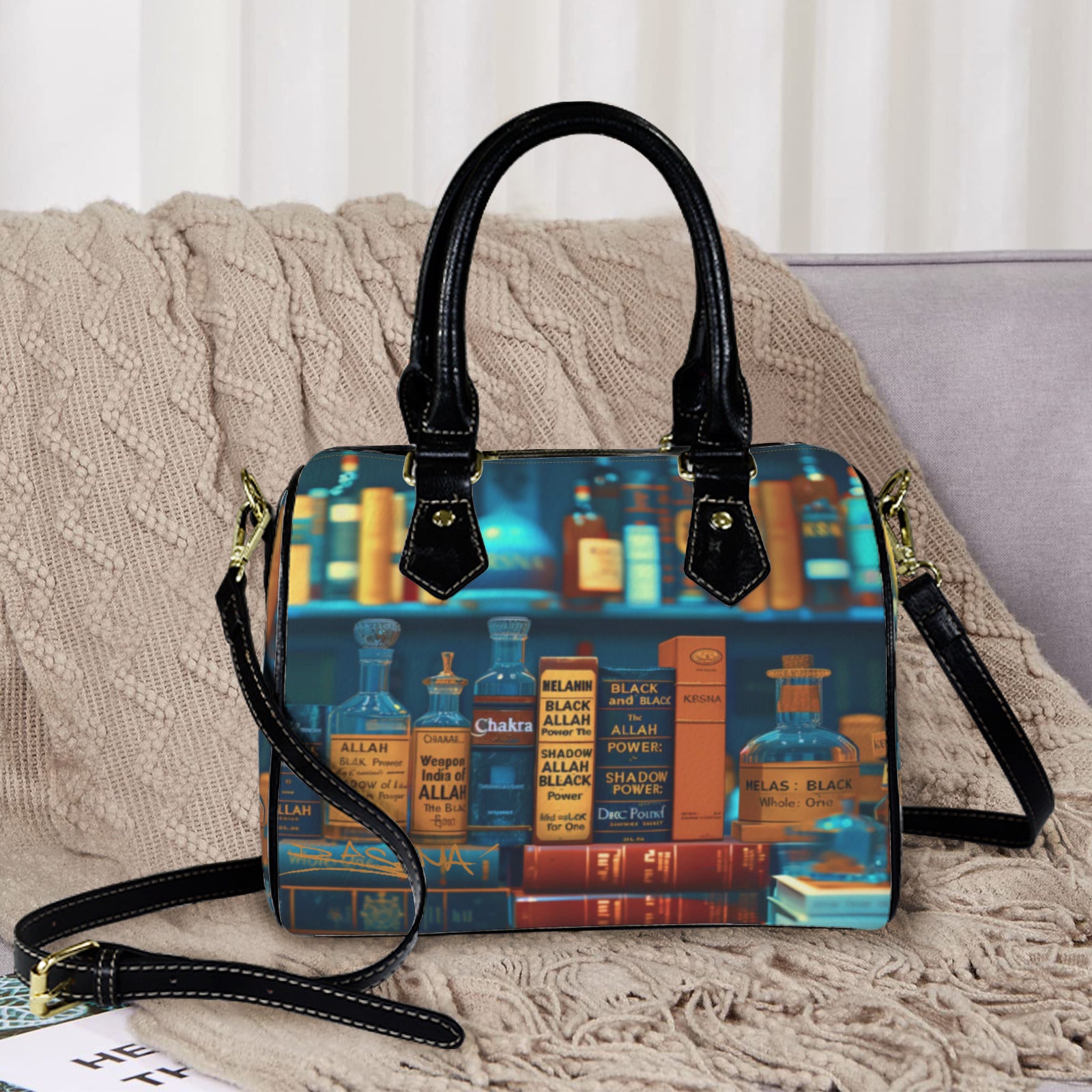Budha mon little tote Custom Handbag-Black Handle (Model 1746)