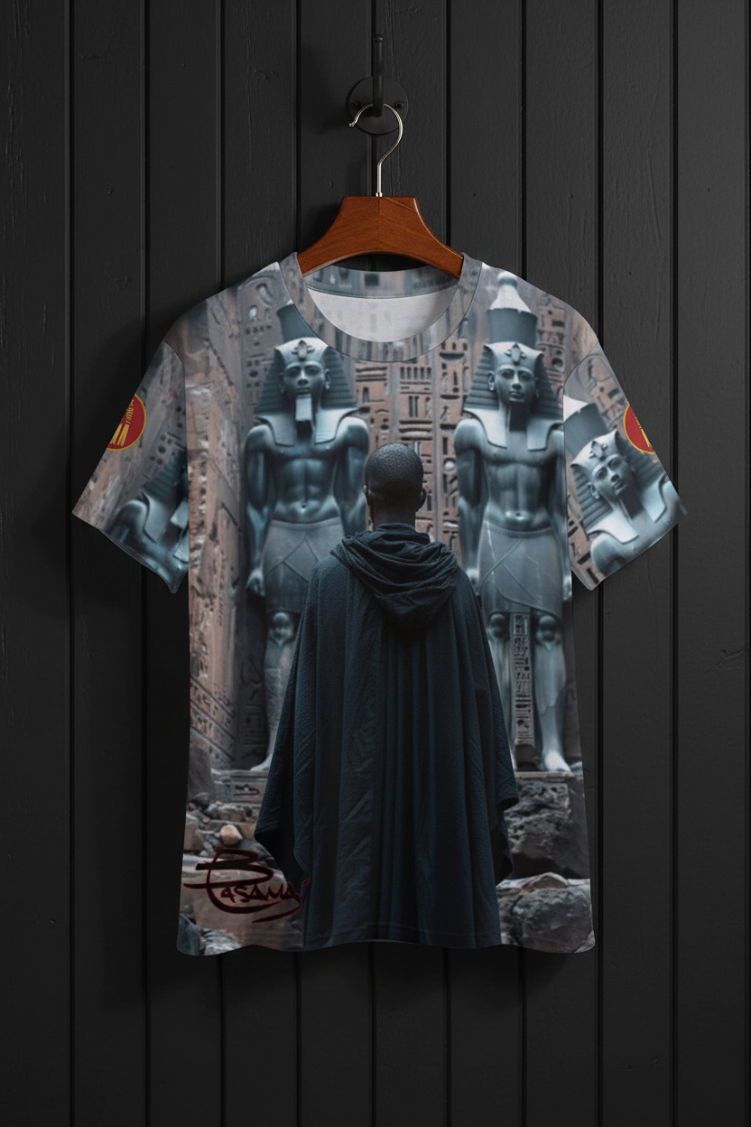 T-shirt with an Egyptian-themed design featuring statues and hieroglyphics.