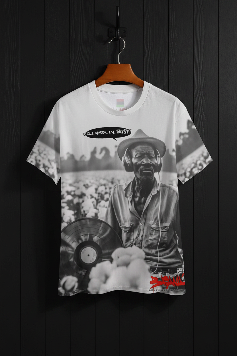 T-shirt with a graphic of a man holding a record 