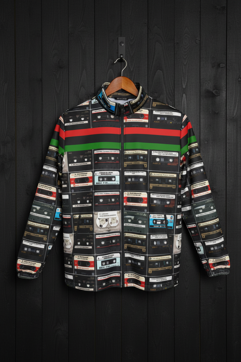 Tapes Black Scholars Jacket front hanger on black wood wall