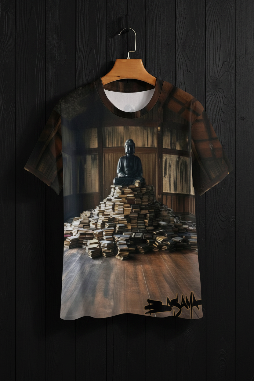 T-shirt with a Buddha statue and books design 