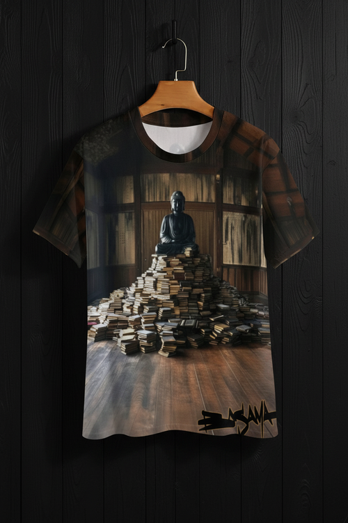 T-shirt with a Buddha statue and books design 