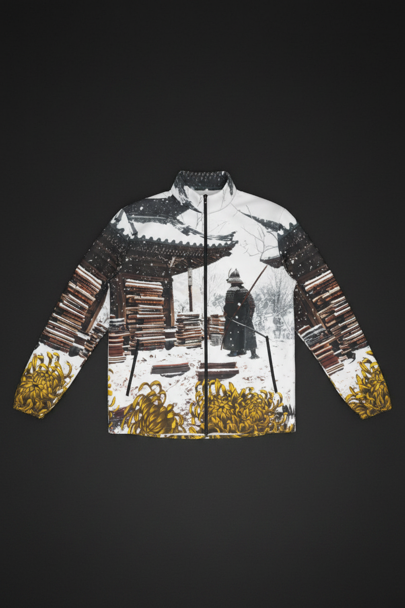 Samurai Book Stacks Chrysanthemum Jacket front flat lay on black floor