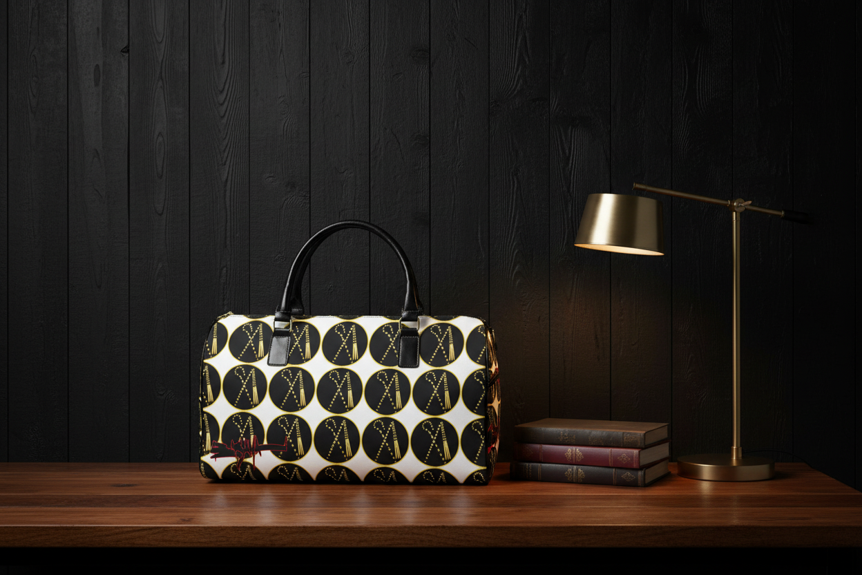 Crook and Flail editorial mock — brown wood table, black vertical plank wall, books and reading lamp
