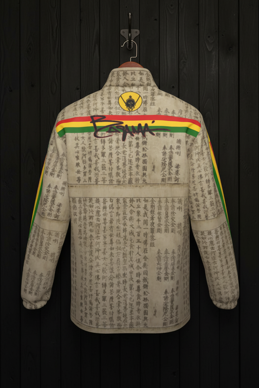 Red Gold Green Ancient Script Jacket - Back Black Wood Wall
