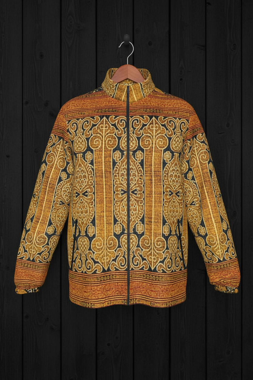 They Call It Ikat Jacket front hanger on black wood wall