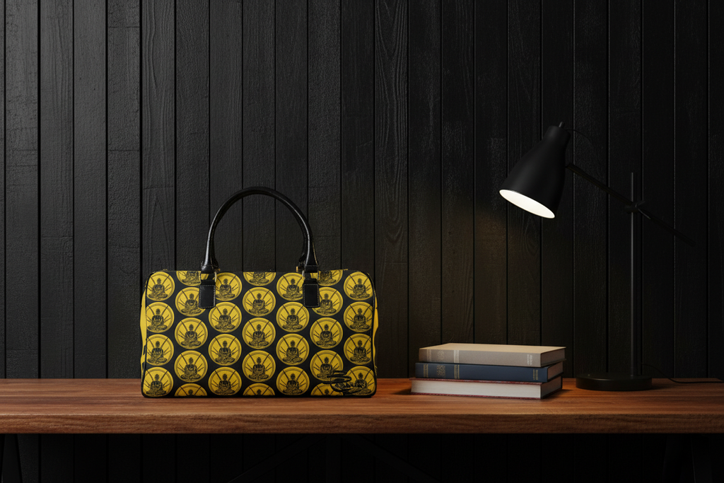 Budha Mon Gold editorial mock — brown wood table, black vertical plank wall, books and reading lamp