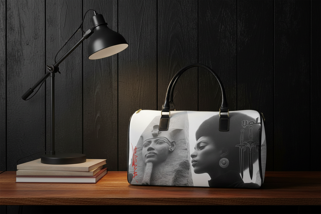 The Monument editorial mock — brown wood table, black vertical plank wall, books and reading lamp