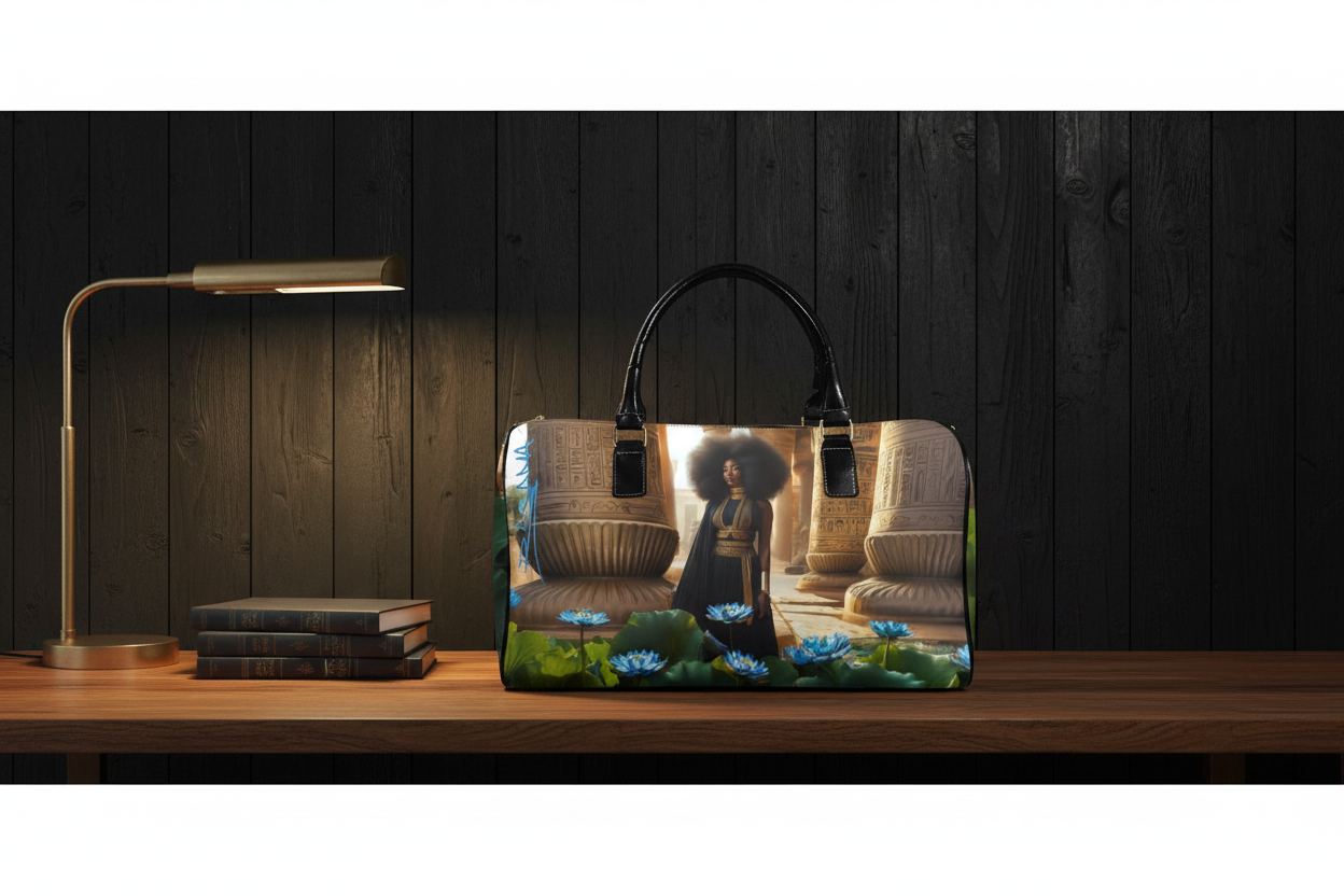 Blue Lotus editorial mock — brown wood table, black vertical plank wall, books and reading lamp