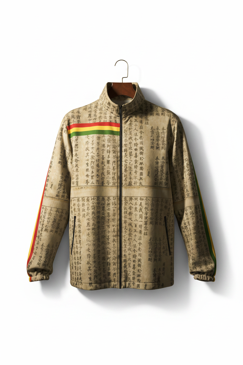 Red Gold Green Ancient Script Jacket - Front White Hanger Editorial