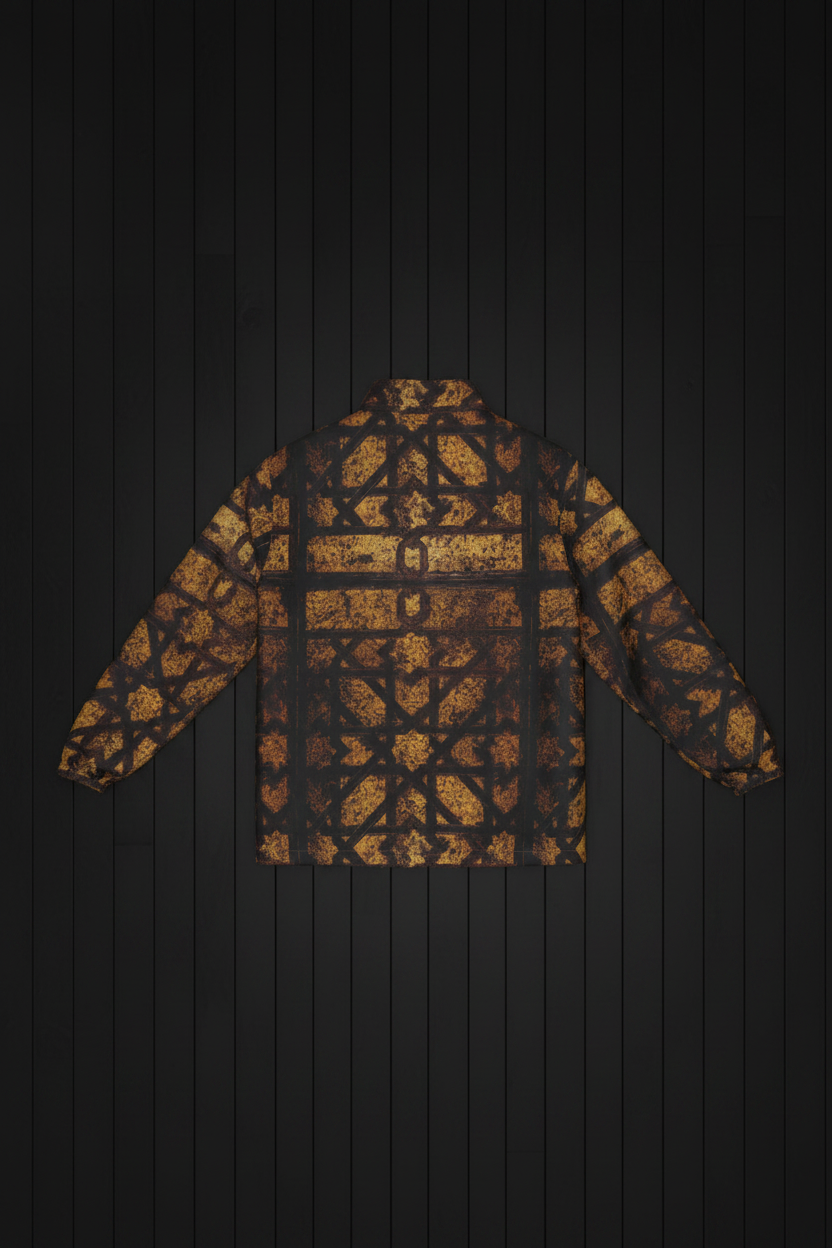 Right World Geometry Jacket back flat lay on black wood plank