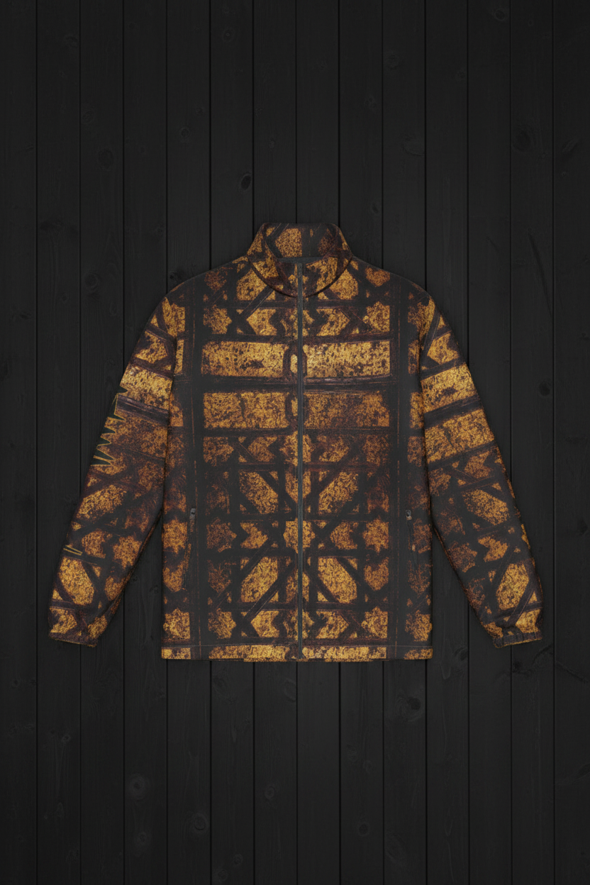 Right World Geometry Jacket front flat lay on black wood