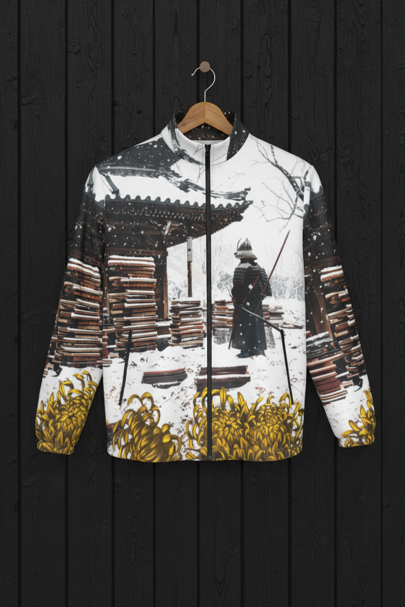 Samurai Book Stacks Chrysanthemum Jacket on hanger against black plank wall