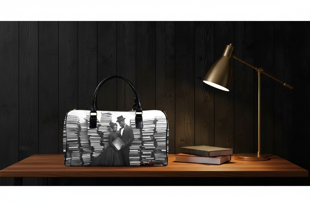 Book Stack Couple editorial mock — brown wood table, black vertical plank wall, books and reading lamp