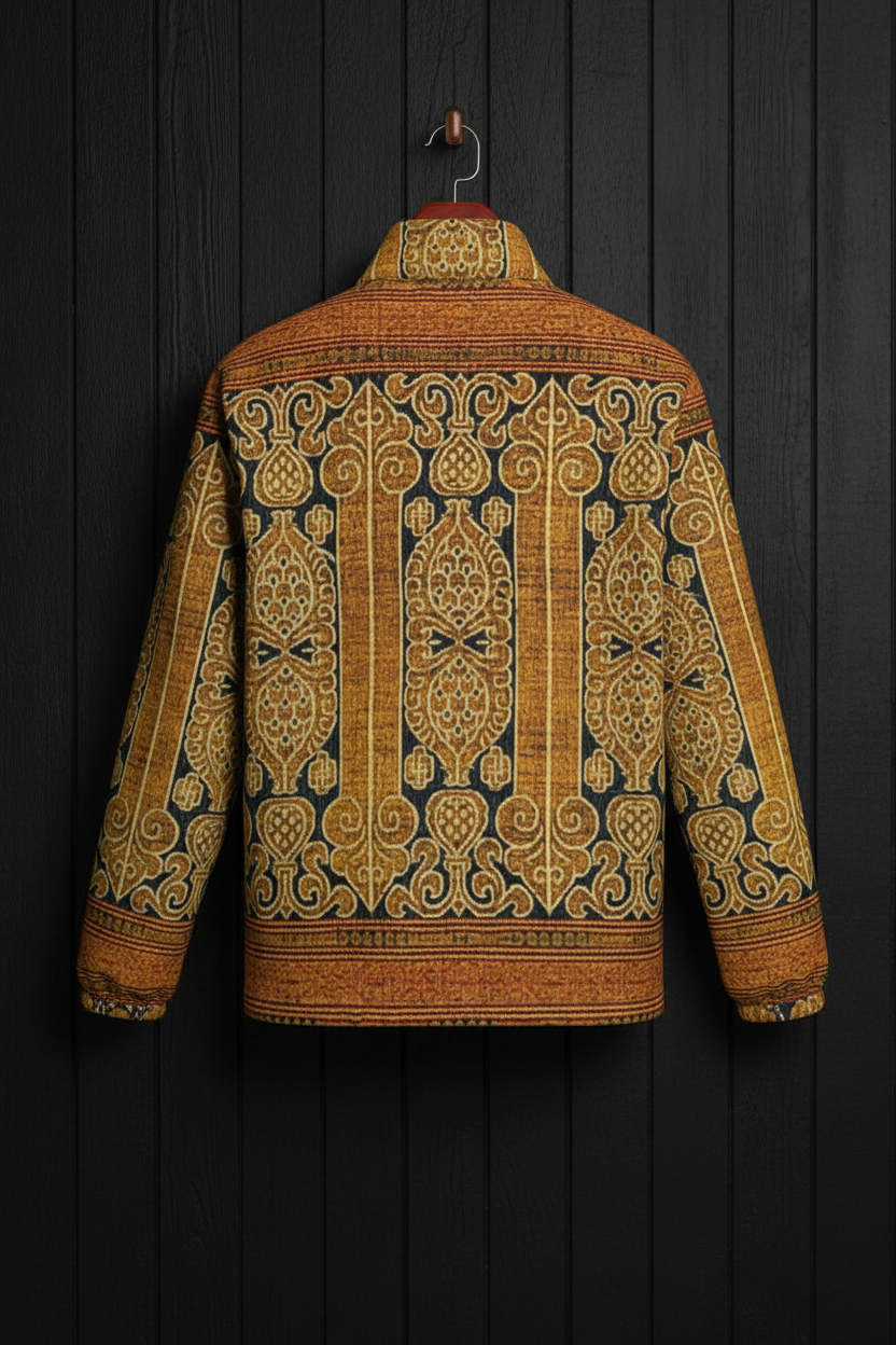 They Call It Ikat Jacket back hanger on black wood wall