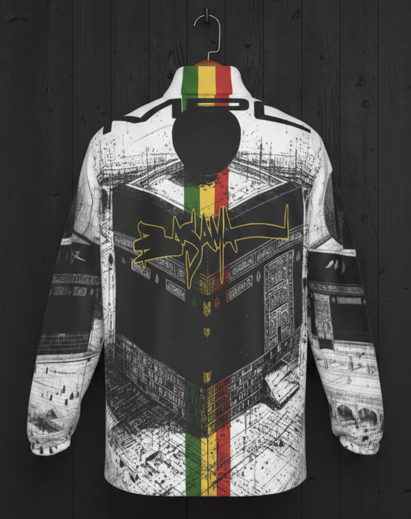 MPC Melanin Production Center Jacket back hanger on black wood wall