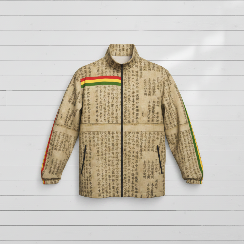 Red Gold Green Ancient Script Jacket - Front Flat Lay White Wood Floor