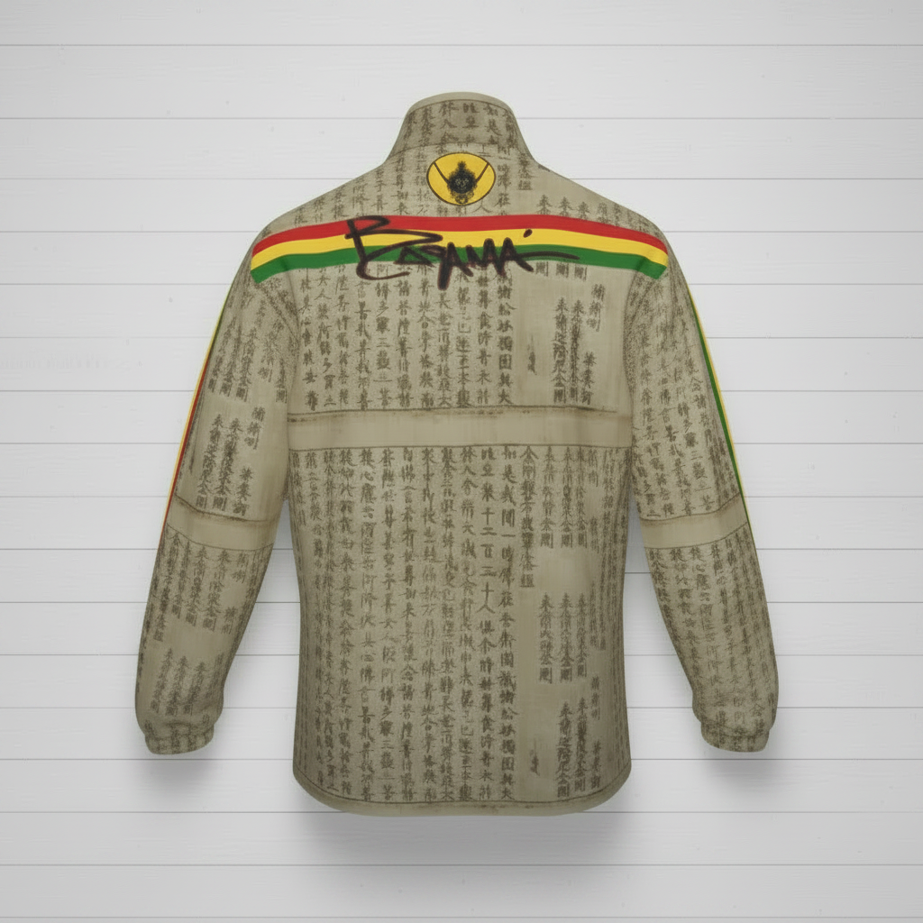 Red Gold Green Ancient Script Jacket - Back Flat Lay White Wood Floor