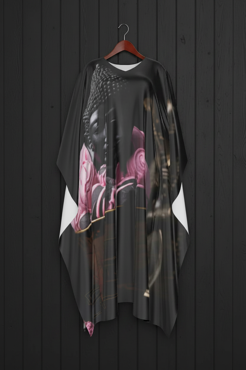 Budha Ice Cream Strawberry kaftan on hanger against black plank wall