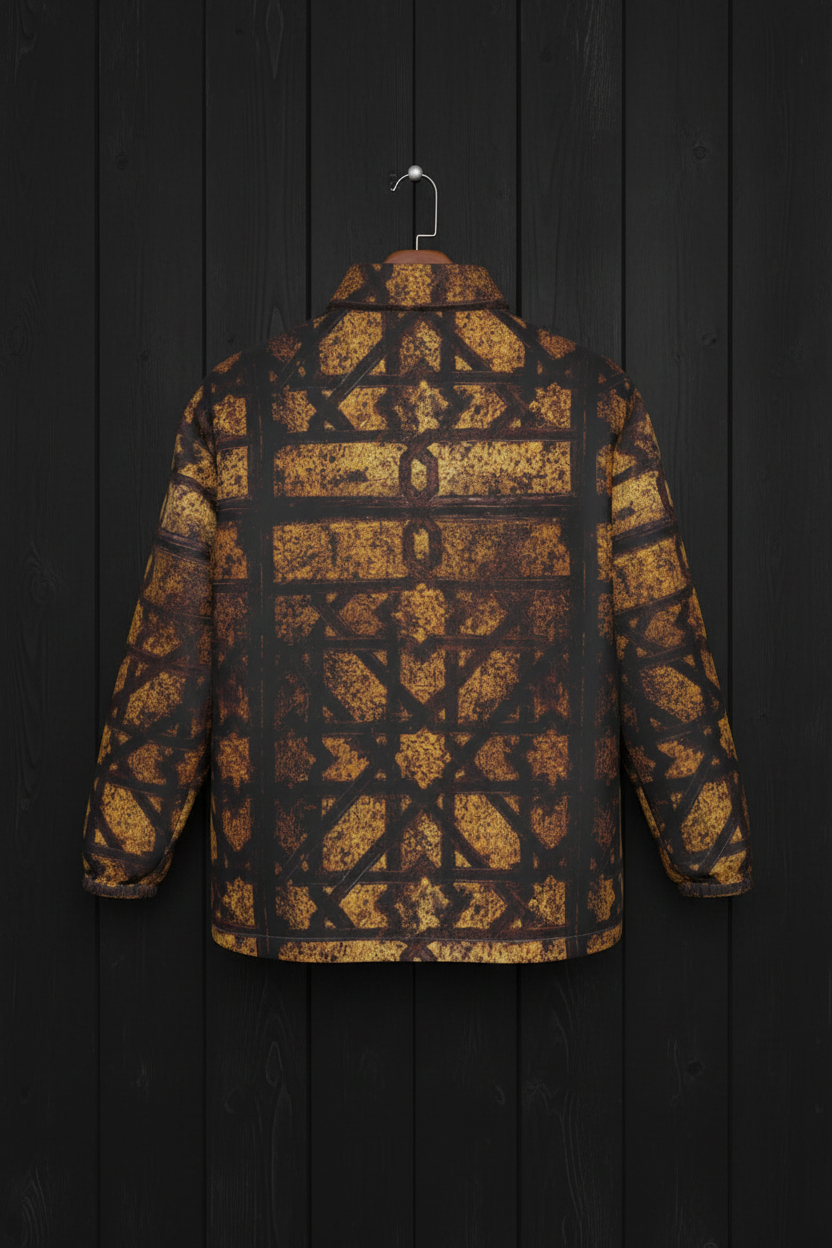 Right World Geometry Jacket back hanger on black wood wall