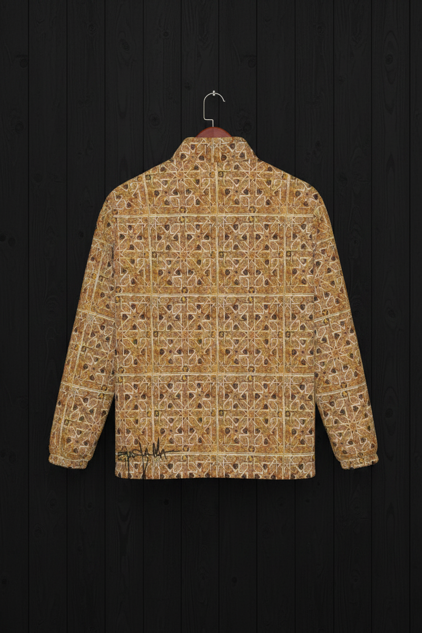 Hardcore Ancient Geometry Jacket back hanger on black wood wall
