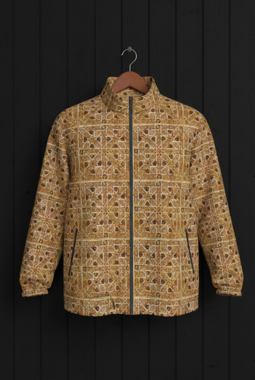 Hardcore Ancient Geometry Jacket front hanger on black wood wall