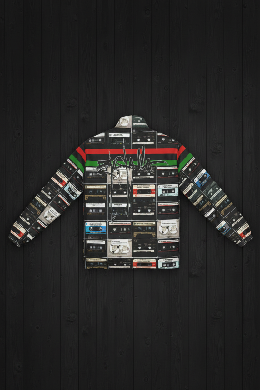 Tapes Black Scholars Jacket back flat lay on black wood