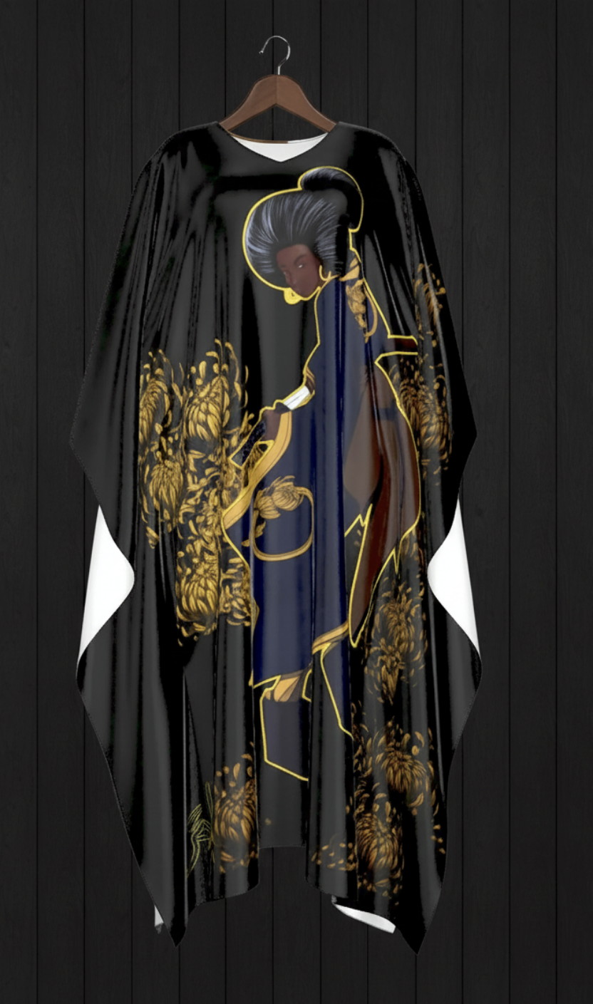 Her Sword Among the Chrysanthemum kaftan on hanger against black plank wall