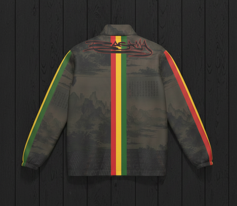 Red Gold Green Mountain Jacket back flat lay on black wood plank