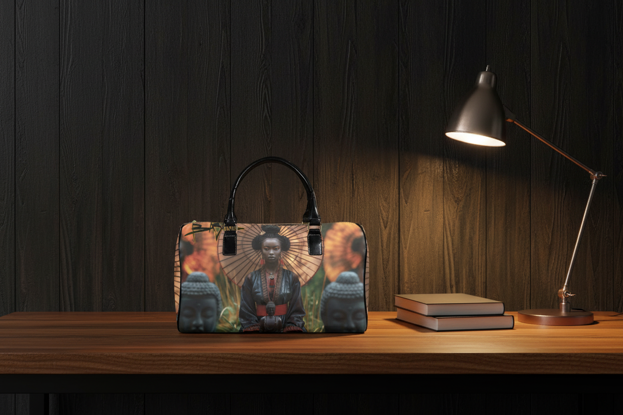 With the Budhas editorial mock — brown wood table, black vertical plank wall, books and reading lamp