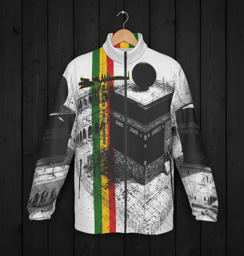 MPC Melanin Production Center Jacket front hanger on black wood wall