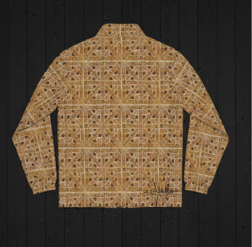 Hardcore Ancient Geometry Jacket back flat lay on black wood plank