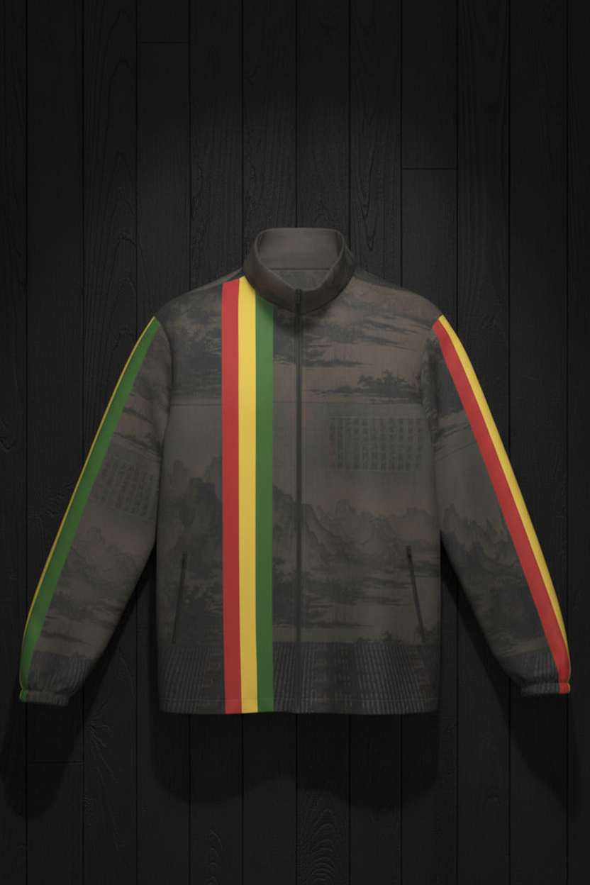 Red Gold Green Mountain Jacket front flat lay on black wood plank