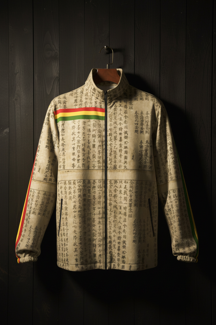 Red Gold Green Ancient Script Jacket - Front Black Wood Wall