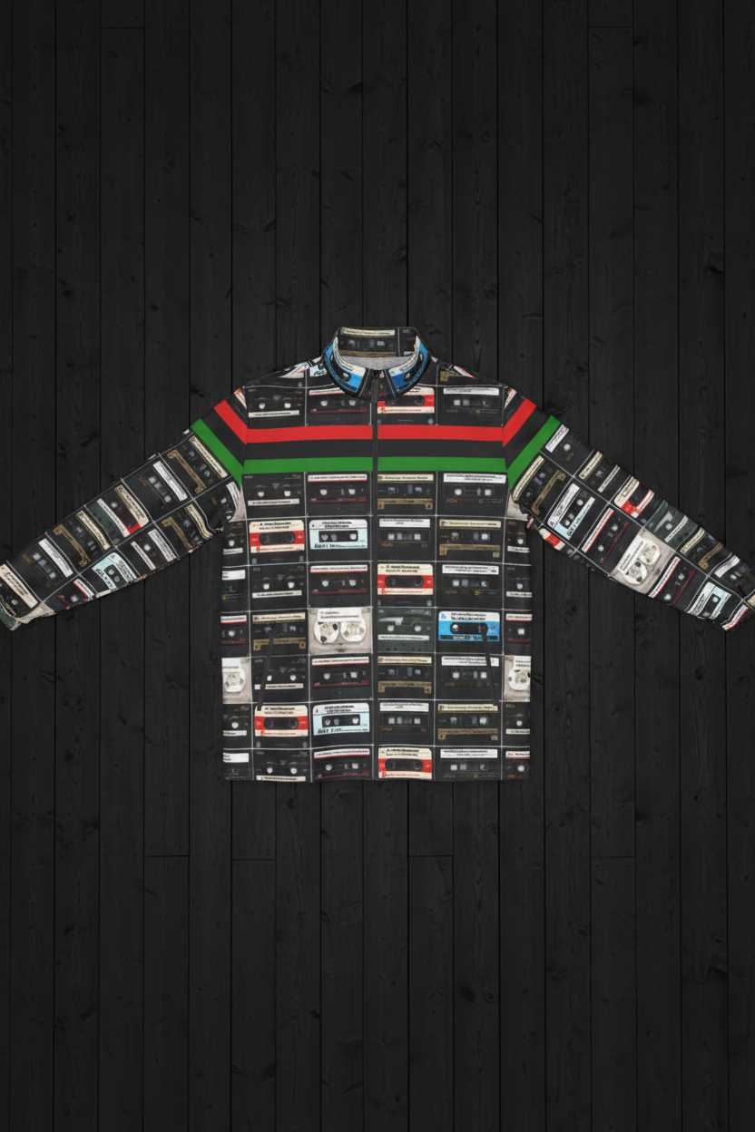 Tapes Black Scholars Jacket front flat lay on black wood