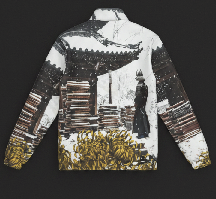 Samurai Book Stacks Chrysanthemum Jacket back flat lay on black floor