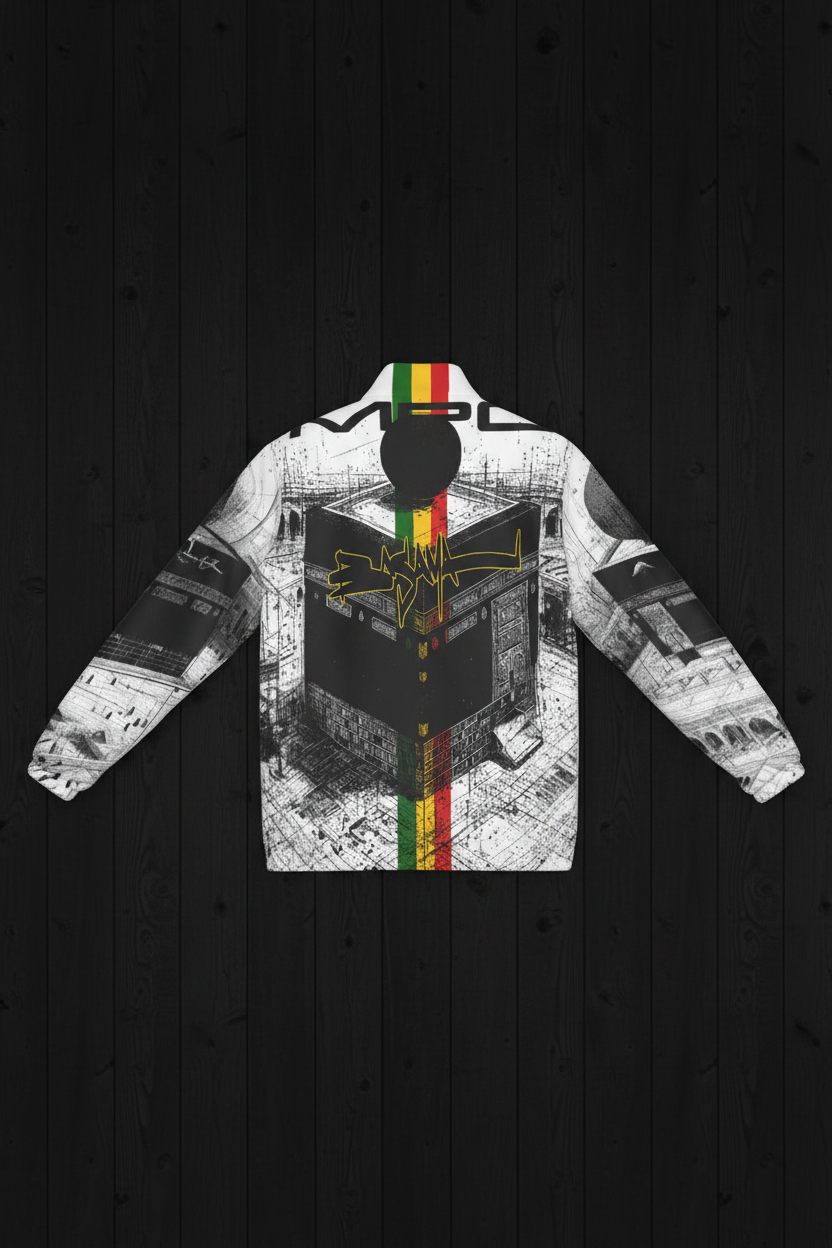 MPC Melanin Production Center Jacket back flat lay on black wood plank