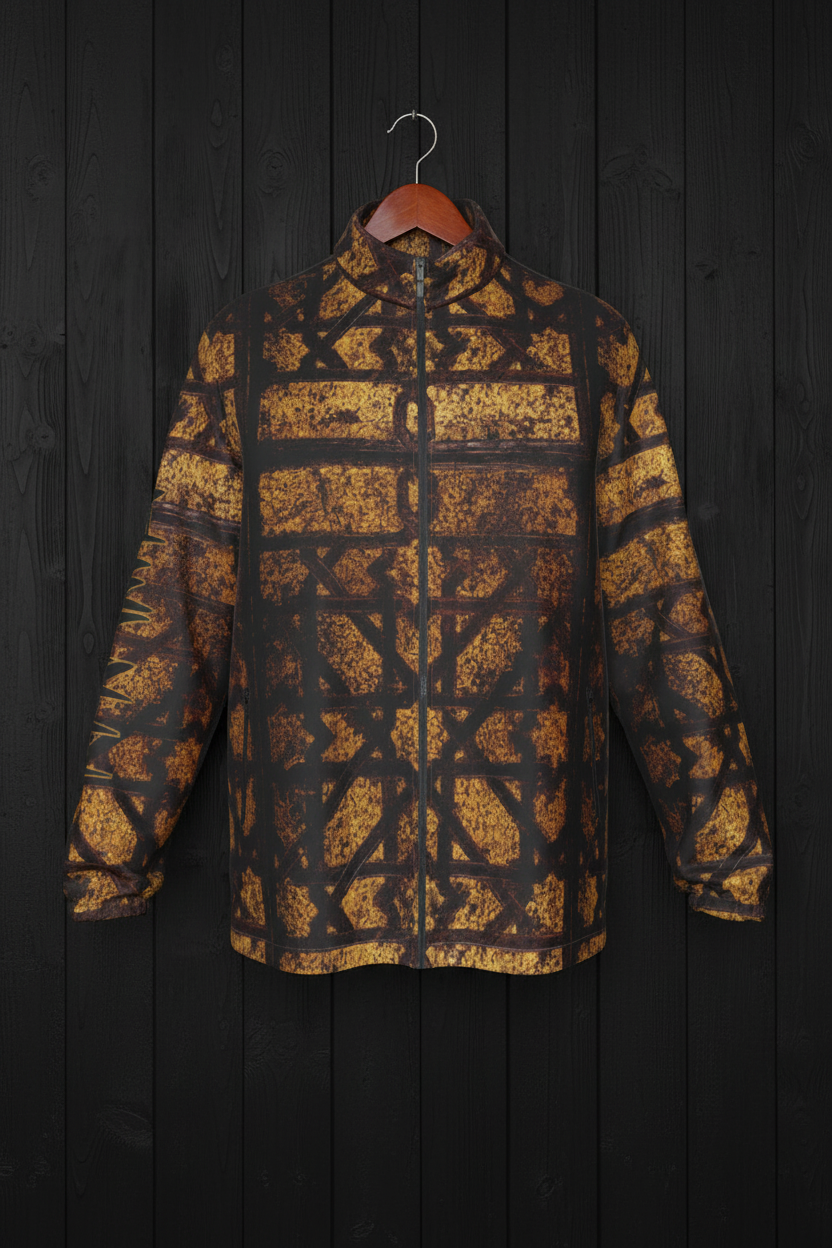Right World Geometry Jacket front hanger on black wood wall