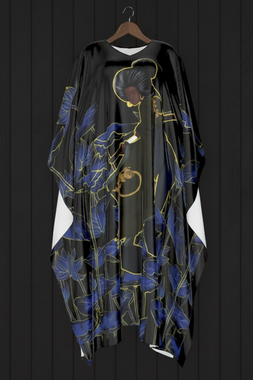 She and Her Sword kaftan on hanger against black plank wall