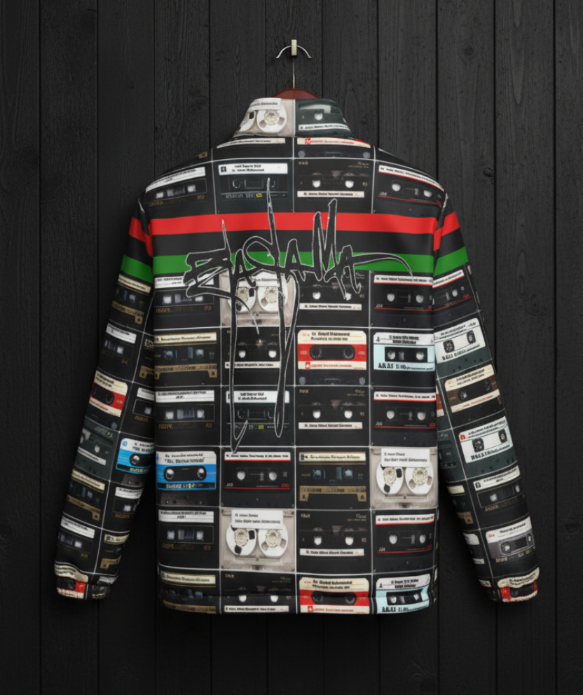 Tapes Black Scholars Jacket back hanger on black wood wall